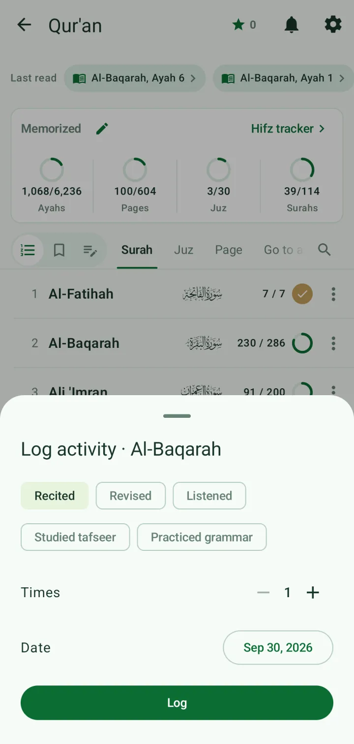 The Log activity sheet for Al-Baqarah with activity types, times and date