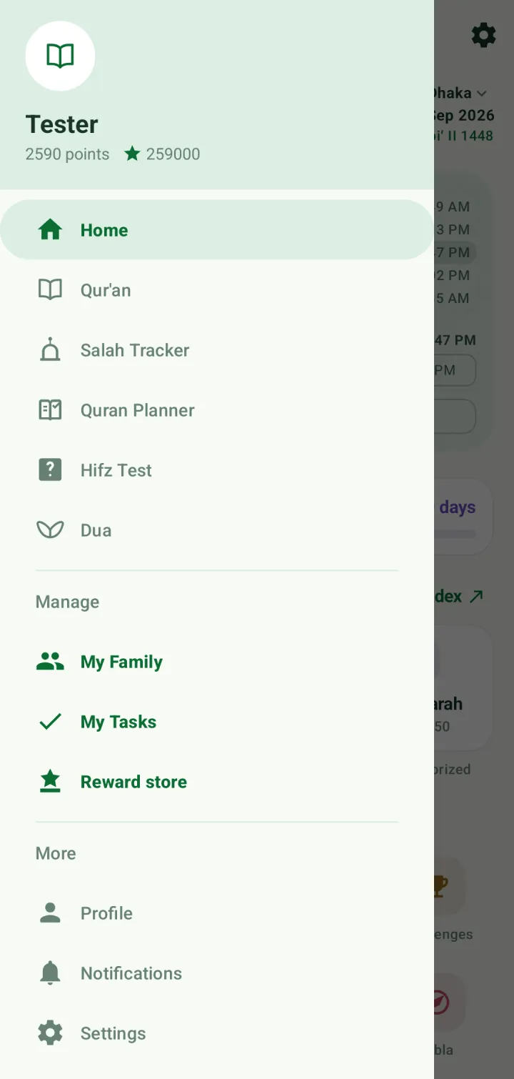 The side menu with the profile header and links to Home, Qur'an, Salah Tracker, Quran Planner, Hifz Test and Dua