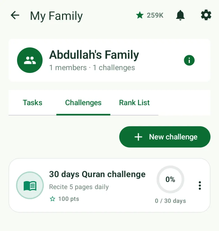 Family Challenges tab with a 30 days Quran challenge to recite 5 pages daily for 100 points