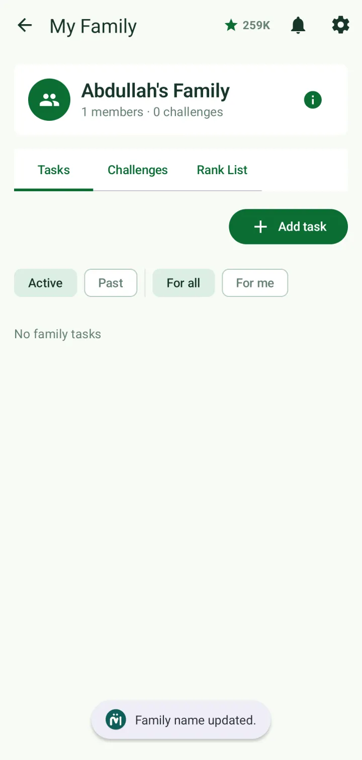 My Family for Abdullah's Family, with the Tasks, Challenges and Rank List tabs and the Add task button