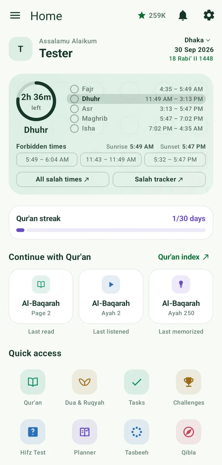 Muqarrib home screen with the prayer times card, Qur'an streak and Continue with Qur'an cards