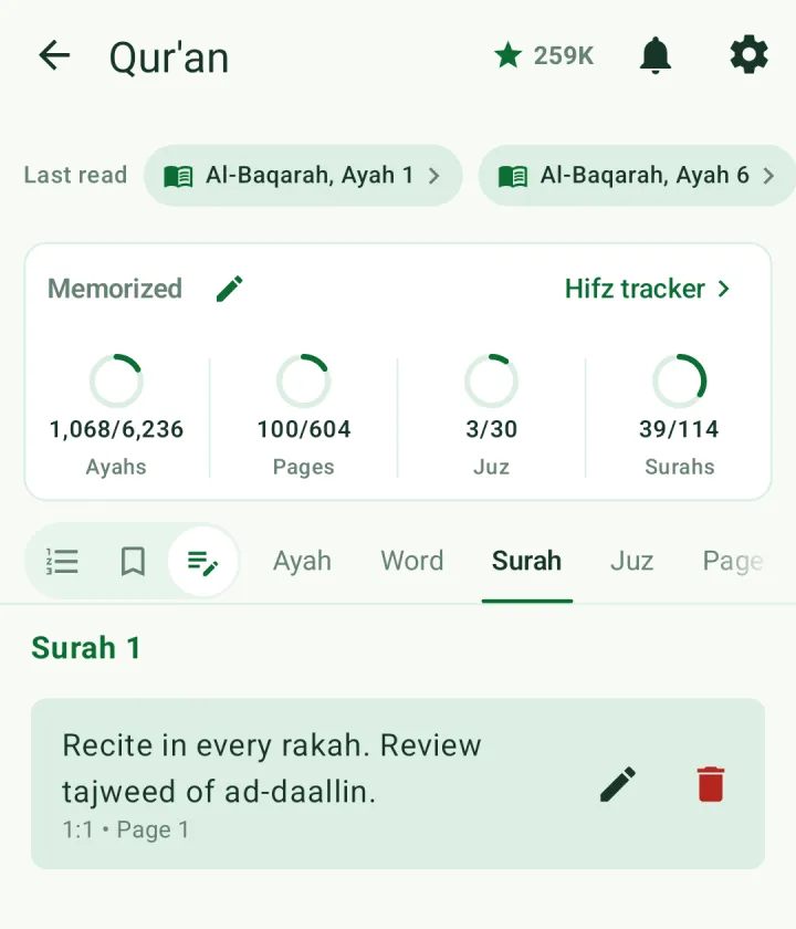 Notes tab showing a note on Surah 1