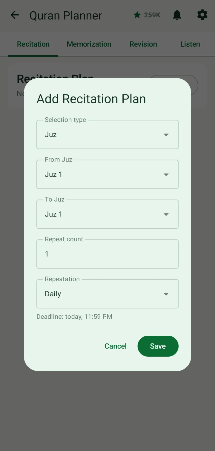 Add Recitation Plan: selection type Juz, from Juz 1 to Juz 1, repeat count 1, daily