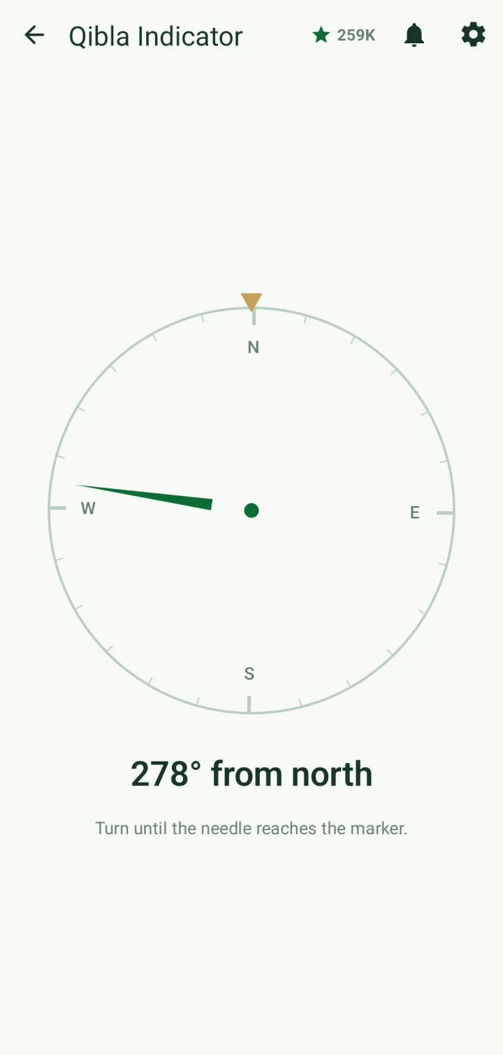 Qibla Indicator compass showing 278° from north