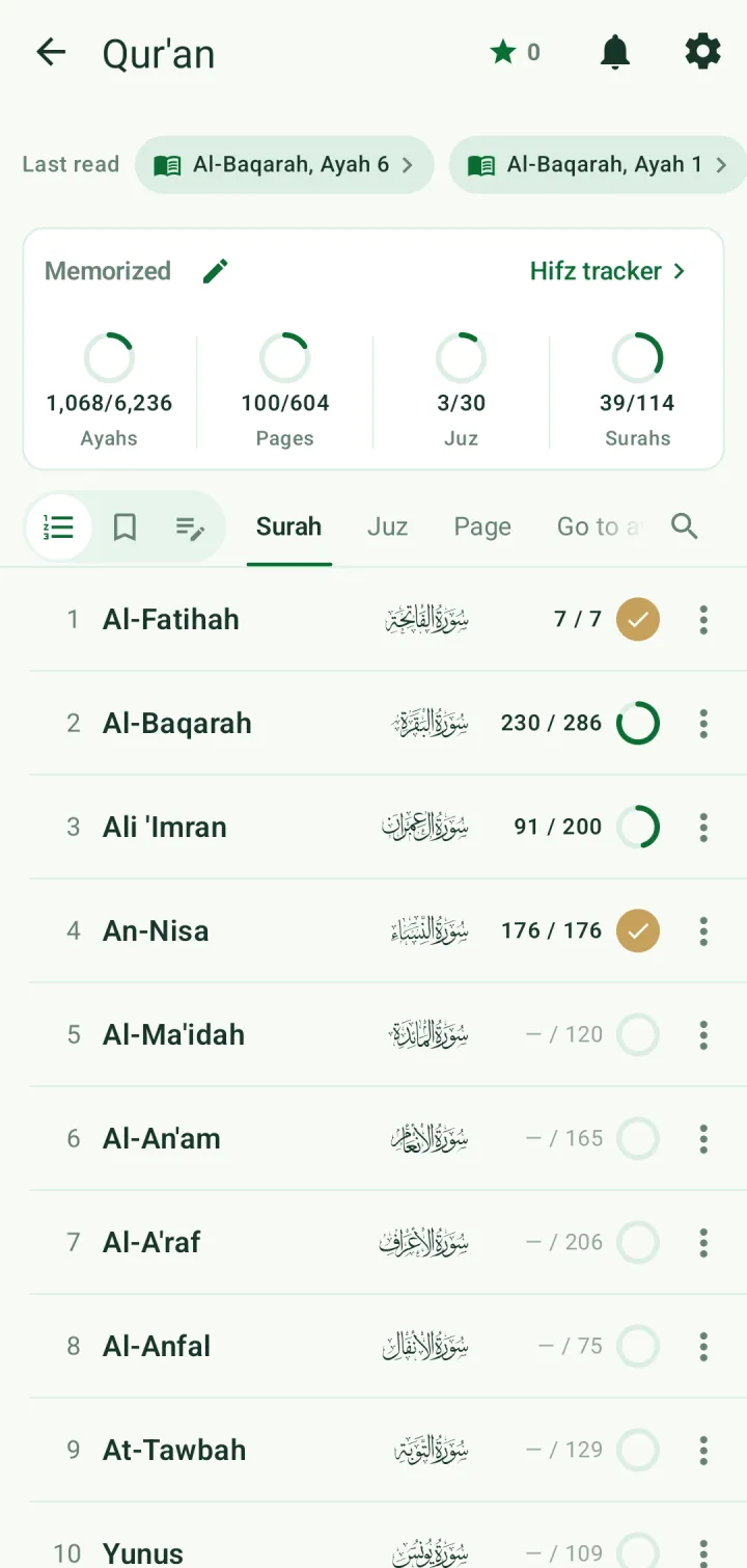The Memorized summary: 1,068 of 6,236 ayahs, 100 of 604 pages, 3 of 30 juz, 39 of 114 surahs