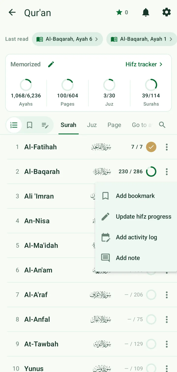 The ⋮ menu on a surah row with Add activity log