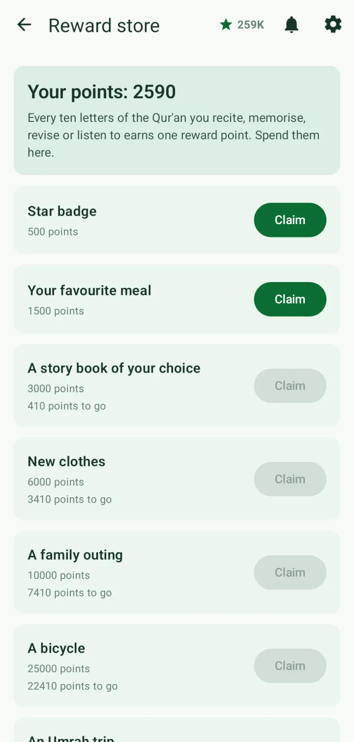 Reward store with 2,590 points and rewards from a 500-point star badge to a 25,000-point bicycle