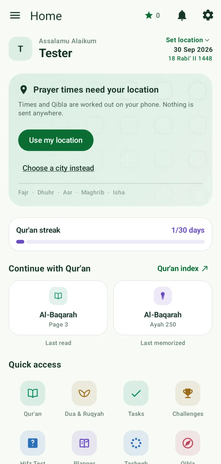 Home screen card saying prayer times need your location, with Use my location and Choose a city instead