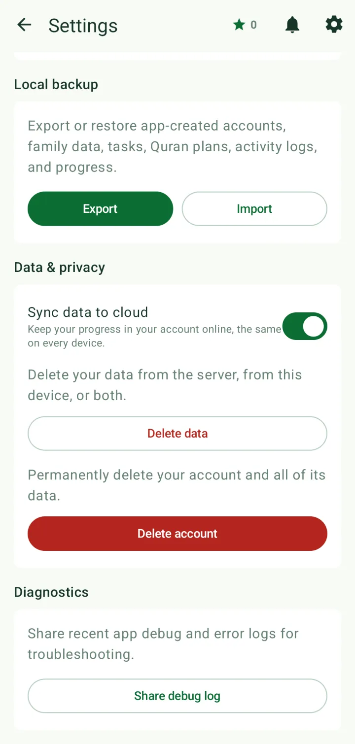 Settings with Local backup (Export and Import) and Data & privacy (sync switch, Delete data, Delete account)