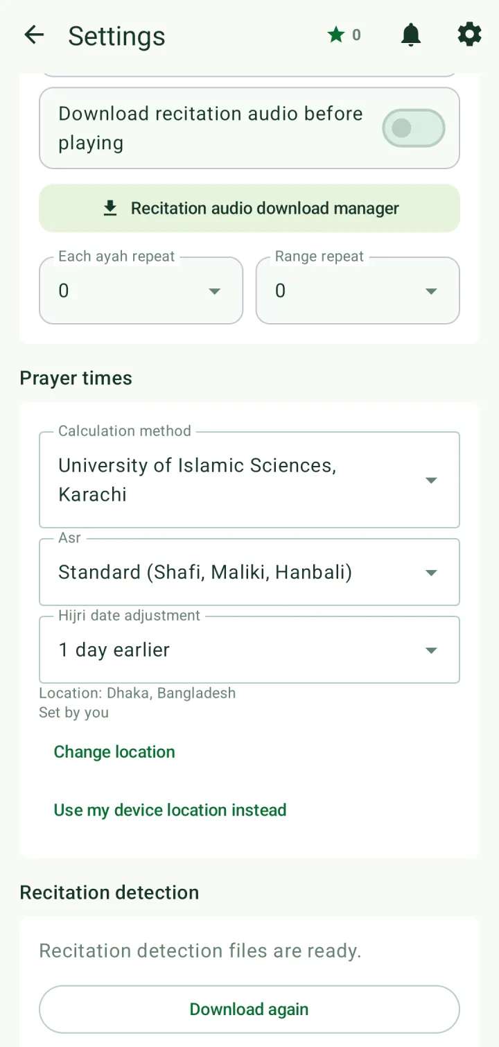 Prayer times settings: calculation method, Asr method, Hijri date adjustment and location
