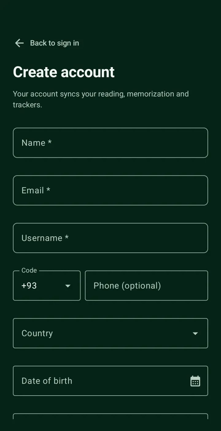 Create account form with name, email, username, phone, country and date of birth