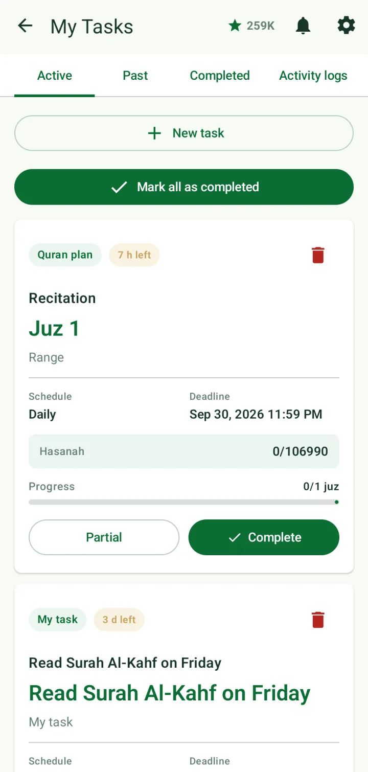 My Tasks showing a daily Juz 1 recitation plan with its deadline, hasanah and Partial and Complete buttons